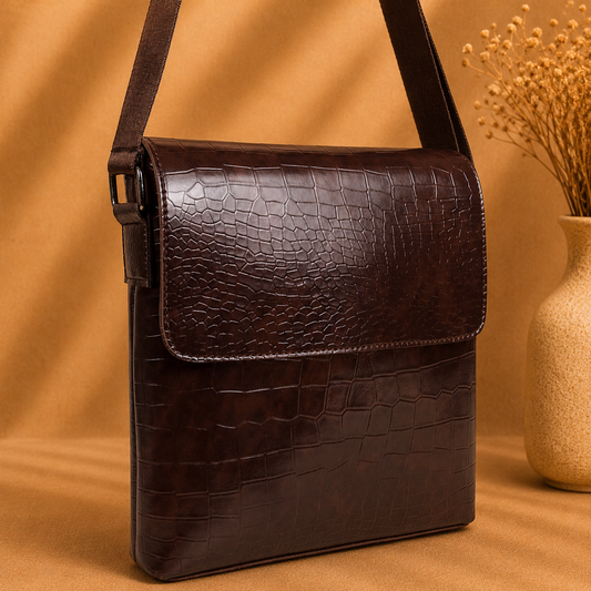 OAK FORD Executive Tan Messenger Bag for Men | Premium Croc Texture Office Crossbody Bag