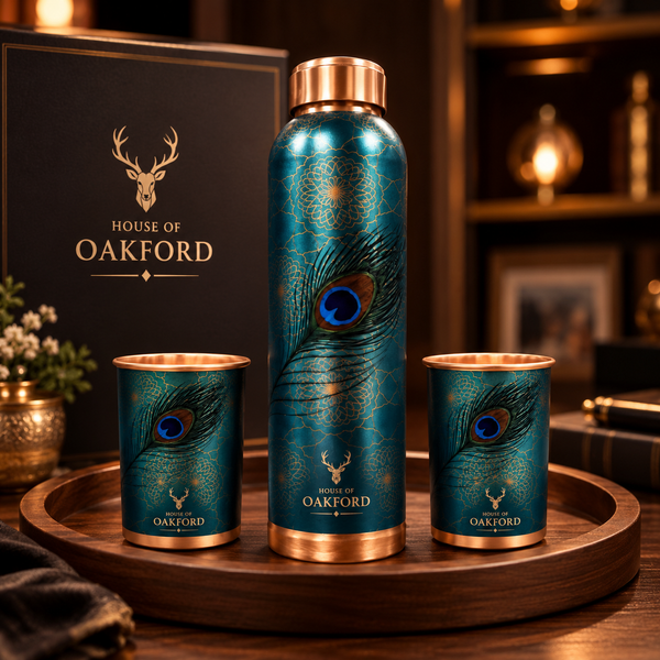 HOUSE OF OAKFORD Royal Peacock CuPro UV Embossed Copper Bottle & Tumbler Gift Set