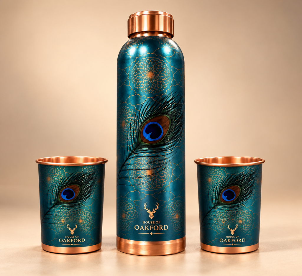 HOUSE OF OAKFORD Royal Peacock CuPro UV Embossed Copper Bottle & Tumbler Gift Set