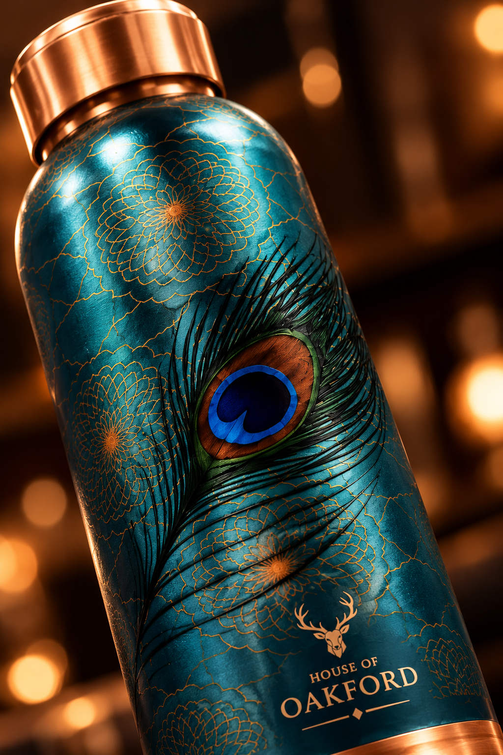HOUSE OF OAKFORD Royal Peacock CuPro UV Embossed Copper Bottle & Tumbler Gift Set