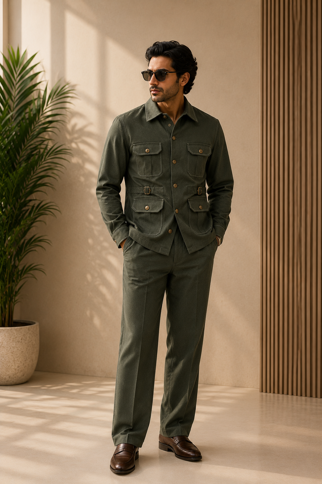 House of Oak Ford Jodhpuri Hunter Co-Ord Set – Olive Green