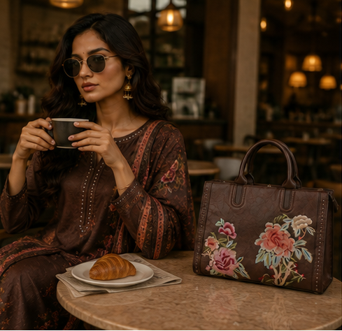 Woman sitting at a table with a cup of coffee and a croissant, next to an embroidered handbag in a cozy setting.
