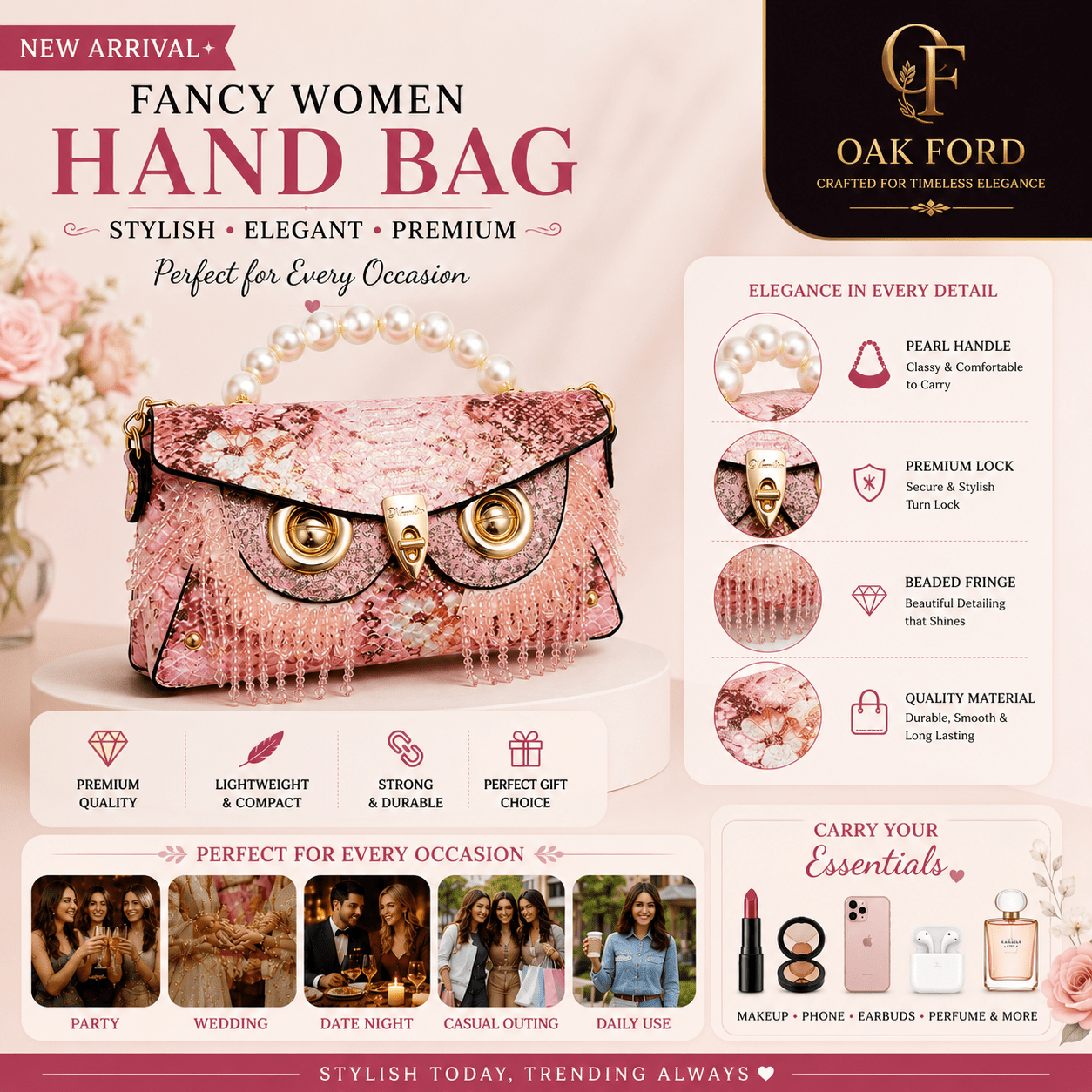 Women's Pearl Handle Designer Hand Bag - OAK FORD